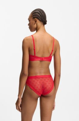 Lace triangle bra with logo waistband, Red