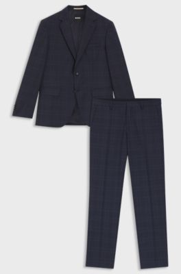 Two-piece regular-fit suit in checked virgin wool, Dark Blue