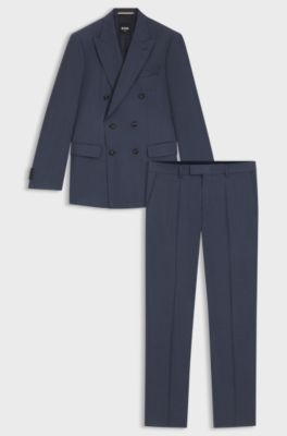 Two-piece slim-fit suit in patterned virgin wool, Blue
