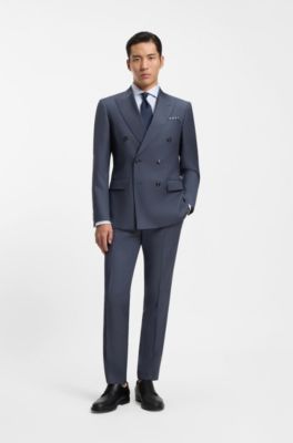 Two-piece slim-fit suit in patterned virgin wool, Blue