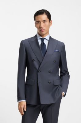 Two-piece slim-fit suit in patterned virgin wool, Blue