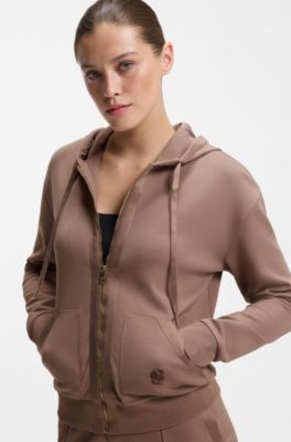 Cotton-blend zip-up hoodie with Double B monogram, Brown