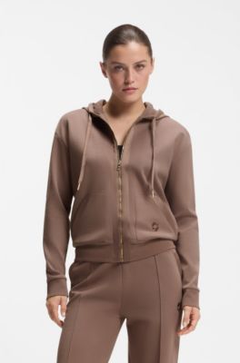 Felpa in misto cotone con cappuccio, zip e monogramma Double B, Marrone