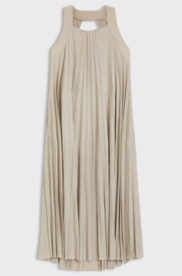 Halterneck dress with pliss&eacute; pleats, Light Beige