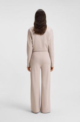 Melange-jersey tracksuit bottoms with logo plate, Light Beige