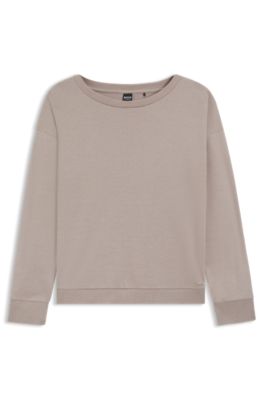 Boat-neck sweatshirt in melange jersey with logo plate, Light Beige