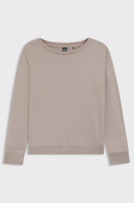 Boat-neck sweatshirt in melange jersey with logo plate, Light Beige