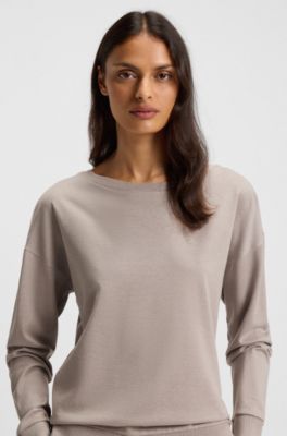 Boat-neck sweatshirt in melange jersey with logo plate, Light Beige