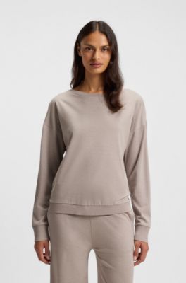 Boat-neck sweatshirt in melange jersey with logo plate, Light Beige