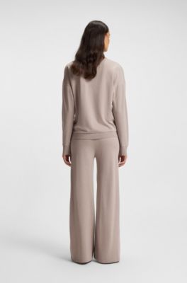 Boat-neck sweatshirt in melange jersey with logo plate, Light Beige