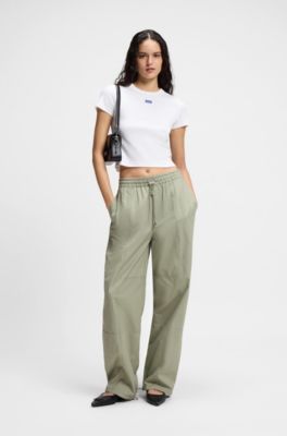 Wide-leg trousers in paper-touch cotton, Light Green