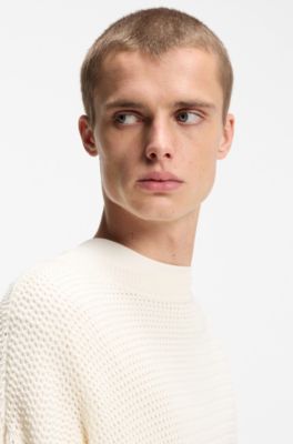 Perforated-knit sweater in cotton, Natural