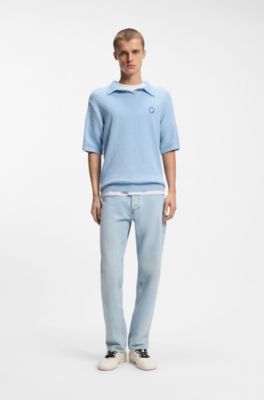 Short-sleeved oversized-fit sweater in cotton-blend towelling, Light Blue