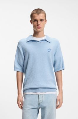 Short-sleeved oversized-fit sweater in cotton-blend towelling, Light Blue