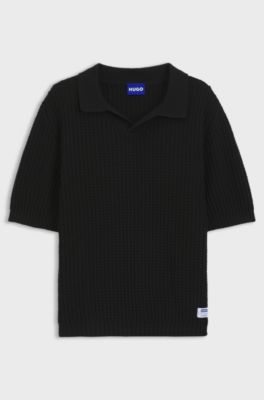 Waffle-structure knit polo with Johnny collar, Black