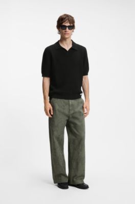 Waffle-structure knit polo with Johnny collar, Black