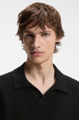 Waffle-structure knit polo with Johnny collar, Black