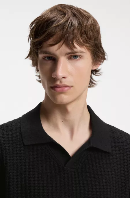 Waffle-structure knit polo with Johnny collar