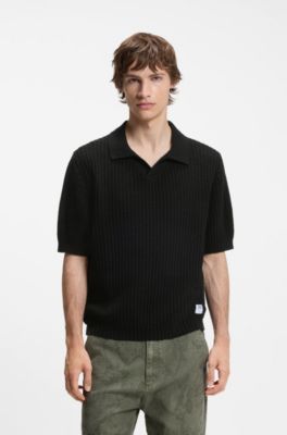 Waffle-structure knit polo with Johnny collar, Black