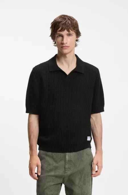 Waffle-structure knit polo with Johnny collar