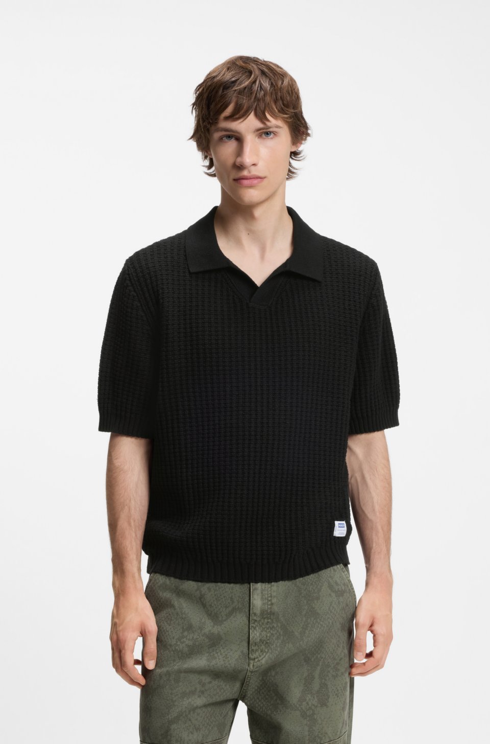 Waffle-structure knit polo with Johnny collar