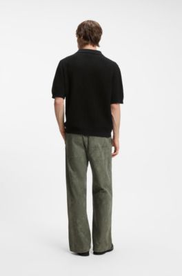 Waffle-structure knit polo with Johnny collar, Black