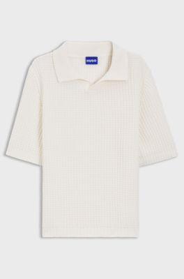 Waffle-structure knit polo with Johnny collar, Natural