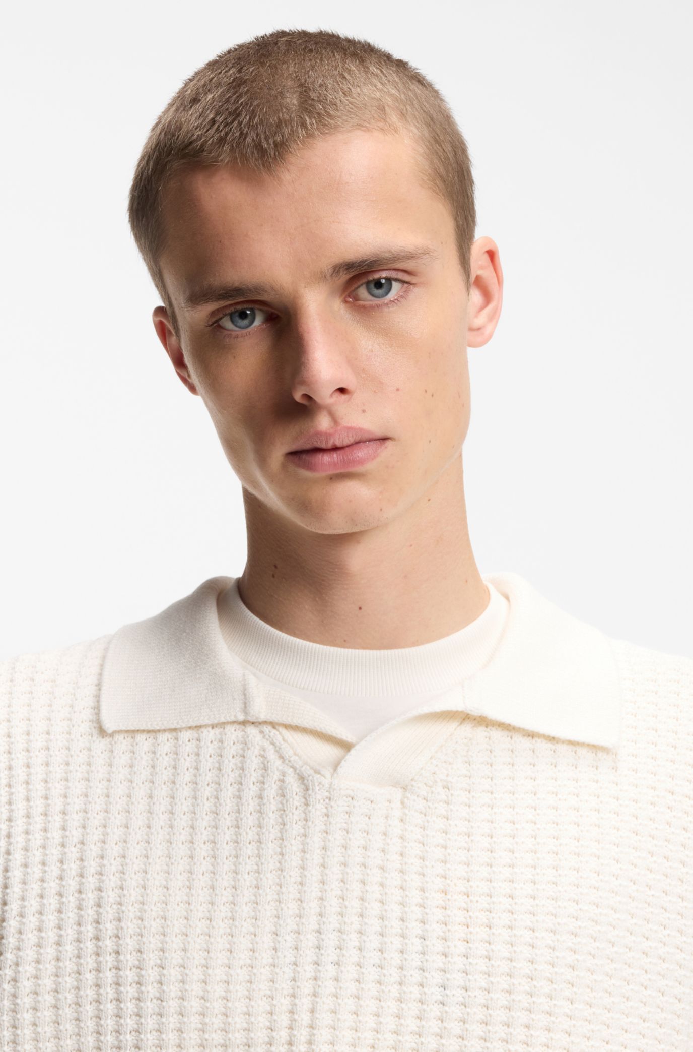 Waffle-structure knit polo with Johnny collar, Natural