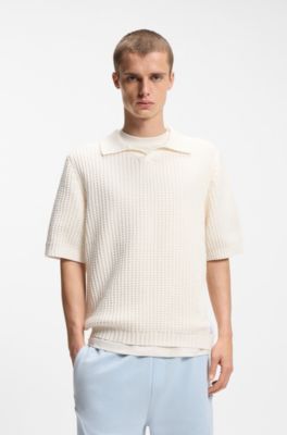 Waffle-structure knit polo with Johnny collar, Natural