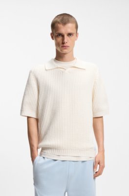 Waffle-structure knit polo with Johnny collar