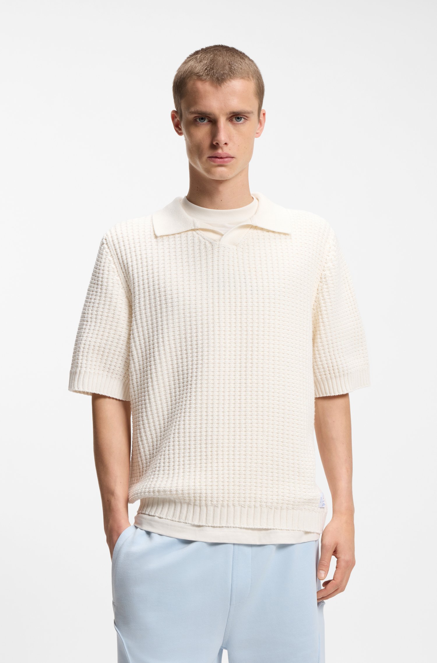 Hugo Waffle-structure knit polo with Johnny collar pikéer herr