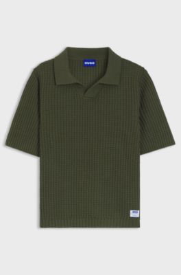 Waffle-structure knit polo with Johnny collar, Dark Green