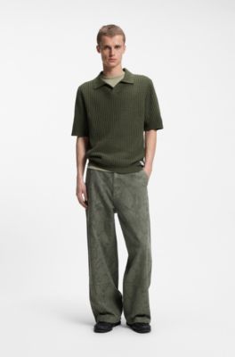 Waffle-structure knit polo with Johnny collar, Dark Green