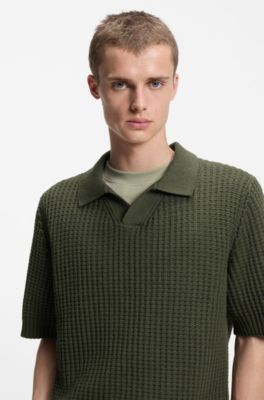Waffle-structure knit polo with Johnny collar, Dark Green