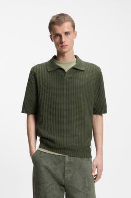 Waffle-structure knit polo with Johnny collar, Dark Green
