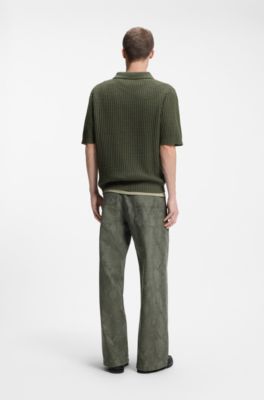 Waffle-structure knit polo with Johnny collar, Dark Green