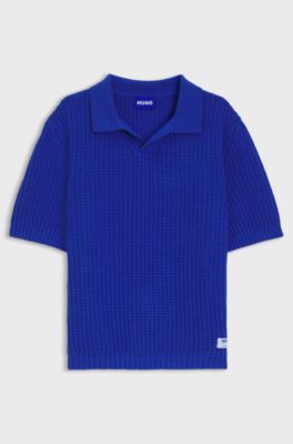 Waffle-structure knit polo with Johnny collar, Blue