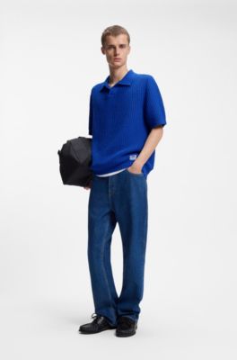 Waffle-structure knit polo with Johnny collar, Blue