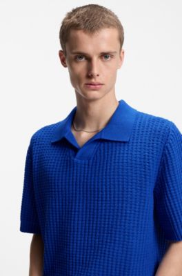 Waffle-structure knit polo with Johnny collar, Blue