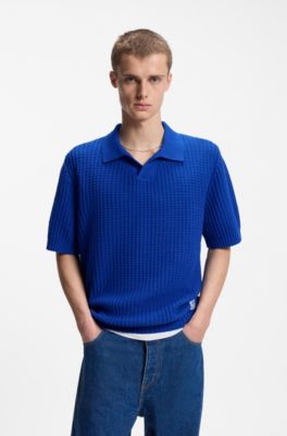 Polo in maglia con lavorazione a nido d'ape e colletto Johnny, Blu