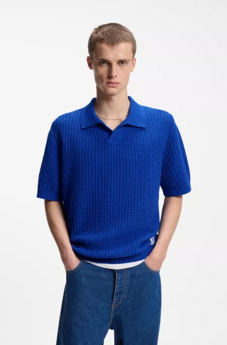 Waffle-structure knit polo with Johnny collar
