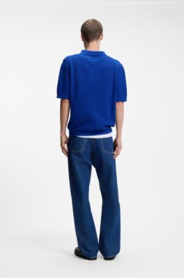 Waffle-structure knit polo with Johnny collar, Blue