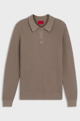 Relaxed-fit sweater in structured cotton with polo collar, Brown