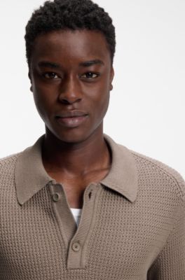 Relaxed-fit sweater in structured cotton with polo collar, Brown