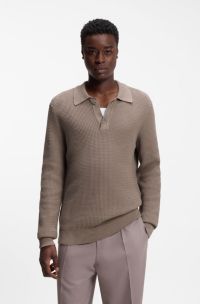 Relaxed-fit sweater in structured cotton with polo collar, Brown