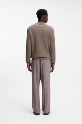 Relaxed-fit sweater in structured cotton with polo collar, Brown