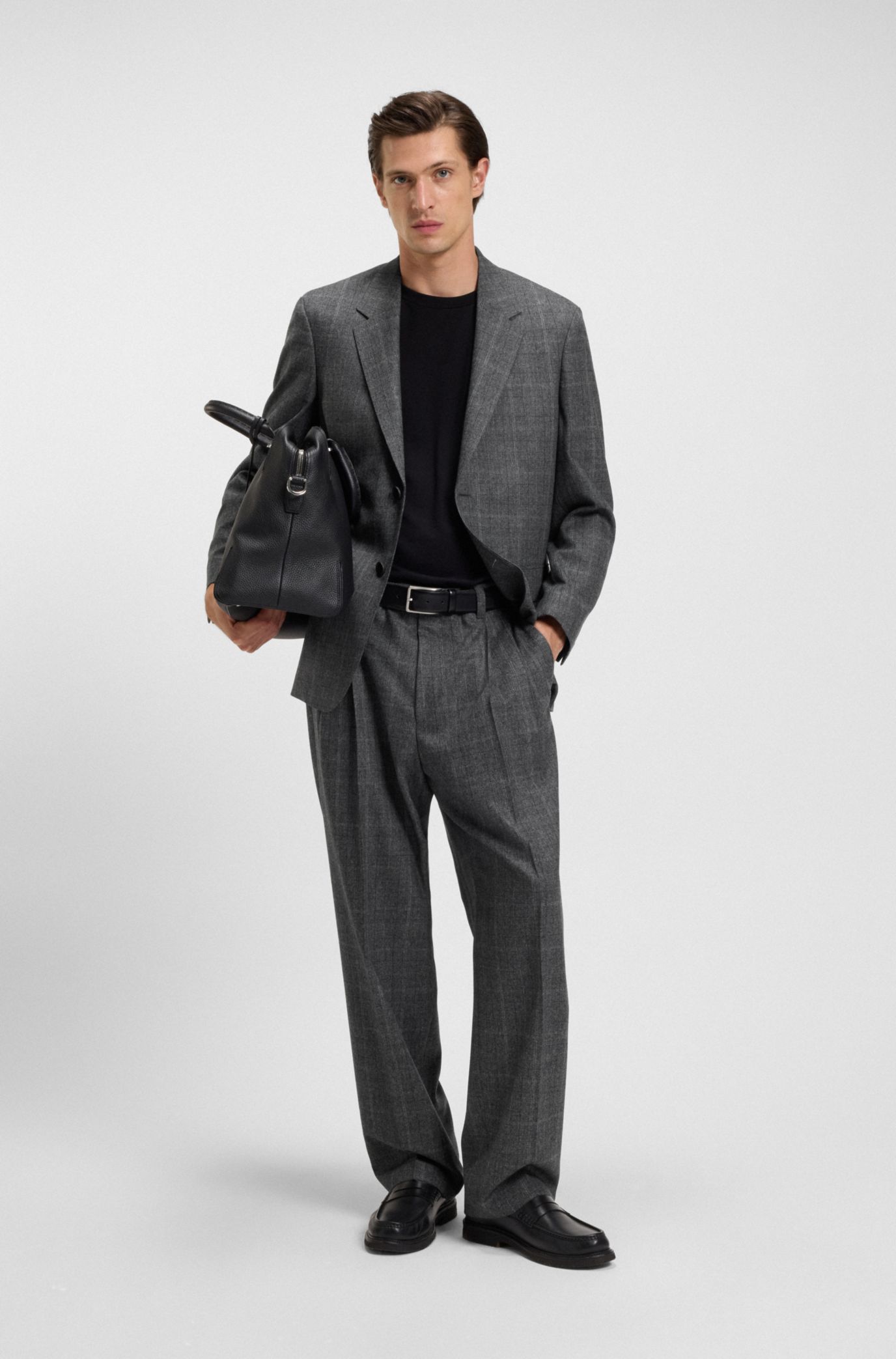美品★HugoBoss/ダークグレースラックス BOSS - リラックスフィットパンツ チェック ストレッチウール