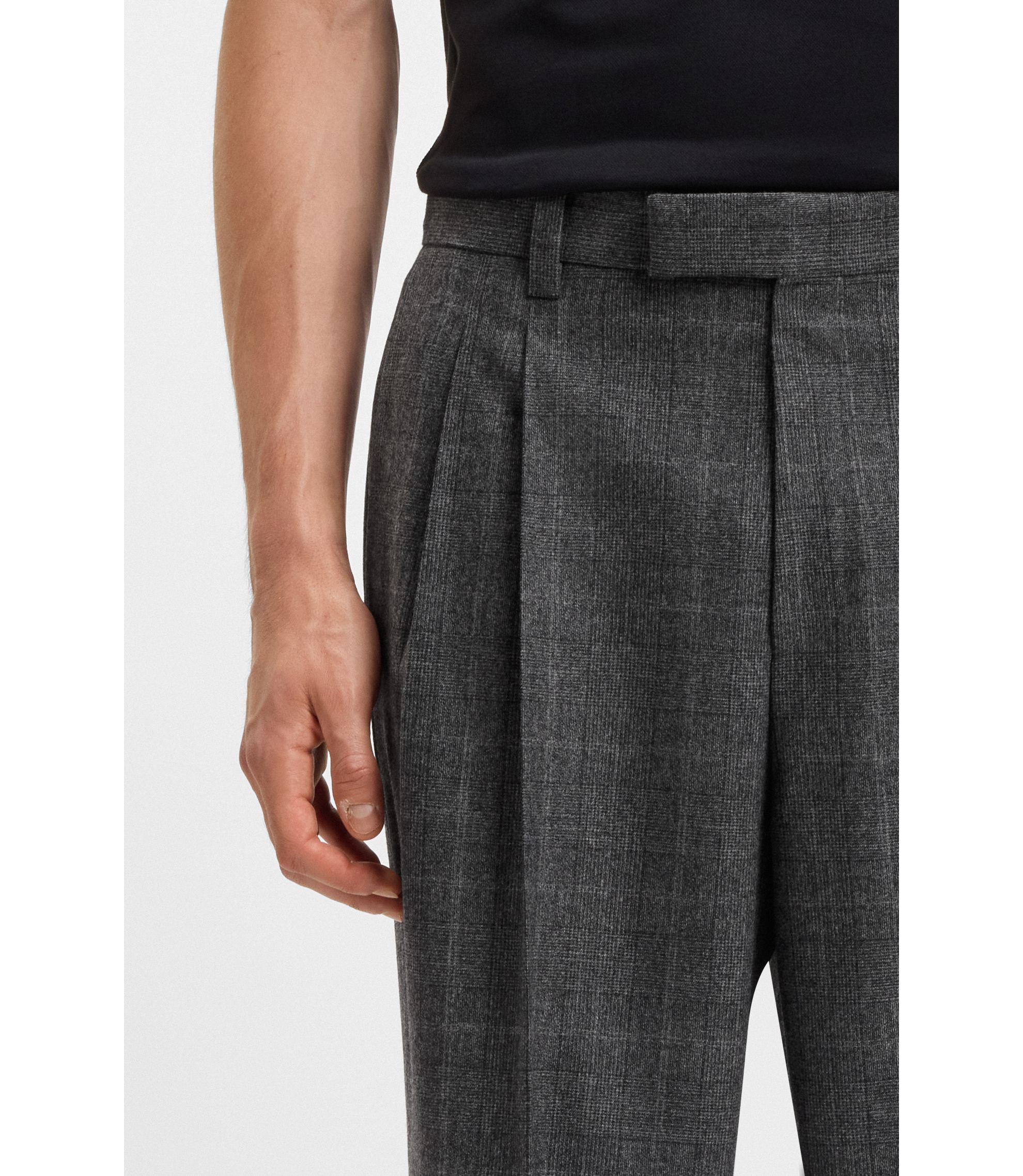 Hugo Boss リラックスフィットパンツ ウールブレンド BOSS - リラックスフィットパンツ チェック ストレッチウール