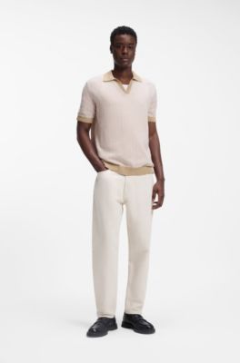 Pullover aus Baumwolle und Leinen mit Johnny-Kragen, Hellbeige