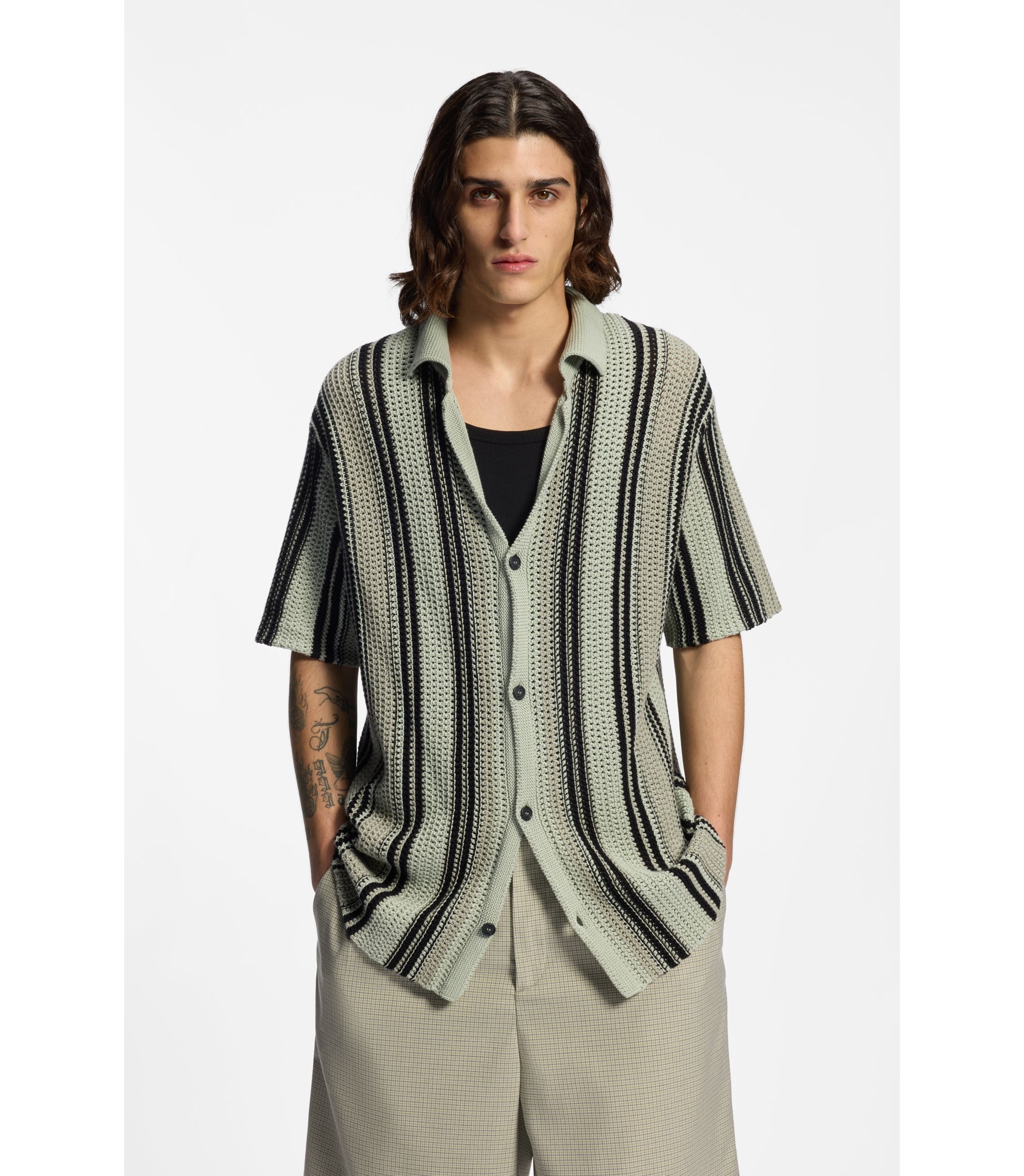 HUGO - Relaxed-fit shirt in open-knit cotton - Light Green